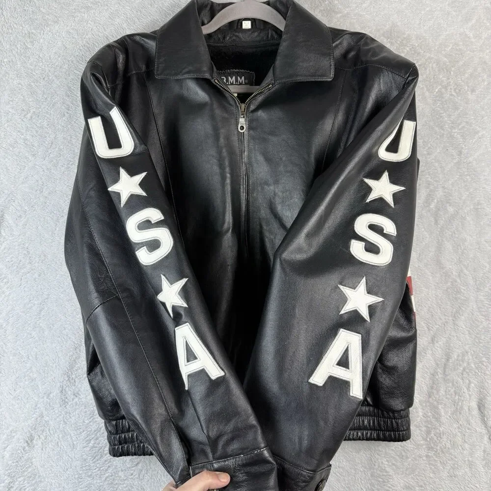 Vtg Leather Bomber Jacket Mens Medium Black USA Flag Biker Grunge Flight 80s 90s - Picture 4 of 14